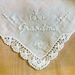 New Vintage Embroidered “Grandma” Handkrchief, White, 10.5” Square, Lovely!